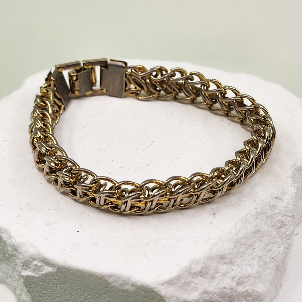 Vintage Two Tone Woven Chain Bracelet Gold & Silver Tone Chunky Statement Gift
